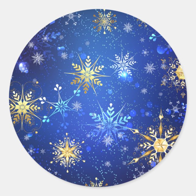 XMAS Blue Background with Golden Snowflakes Classic Round Sticker (Front)