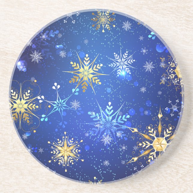 XMAS Blue Background with Golden Snowflakes Coaster (Front)