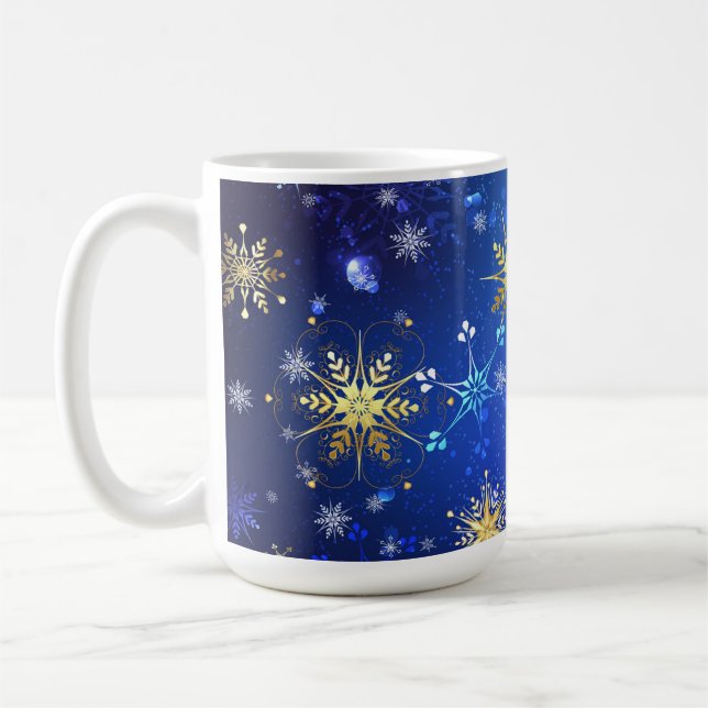 XMAS Blue Background with Golden Snowflakes Coffee Mug (Left)