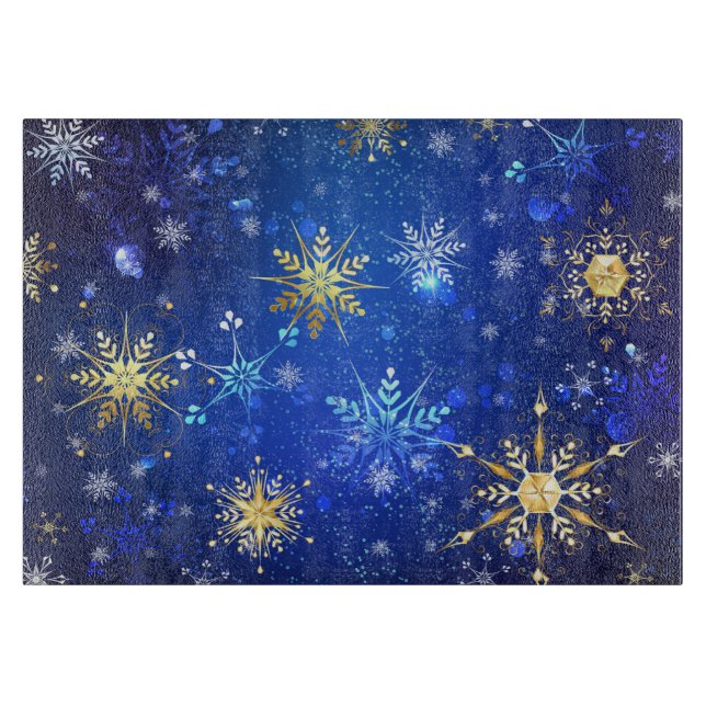 XMAS Blue Background with Golden Snowflakes Cutting Board (Front)