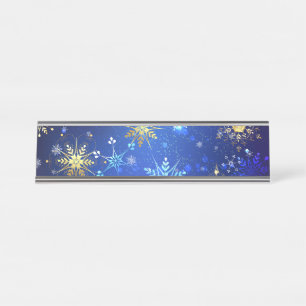 XMAS Blue Background with Golden Snowflakes Desk Name Plate