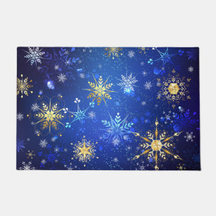 XMAS Blue Background with Golden Snowflakes Doormat