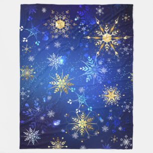 XMAS Blue Background with Golden Snowflakes Fleece Blanket