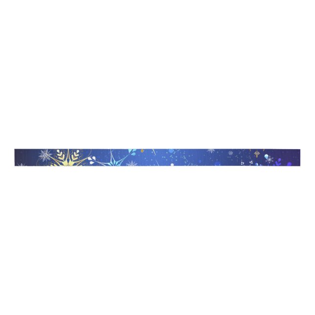 XMAS Blue Background with Golden Snowflakes Grosgrain Ribbon (Front)
