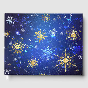 XMAS Blue Background with Golden Snowflakes Guest Book