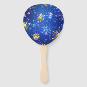 XMAS Blue Background with Golden Snowflakes Hand Fan