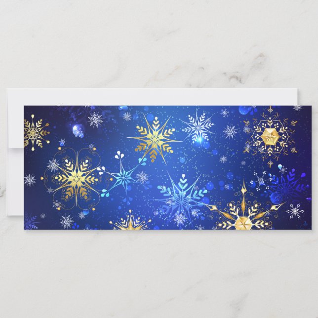 XMAS Blue Background with Golden Snowflakes Holiday Card (Front)