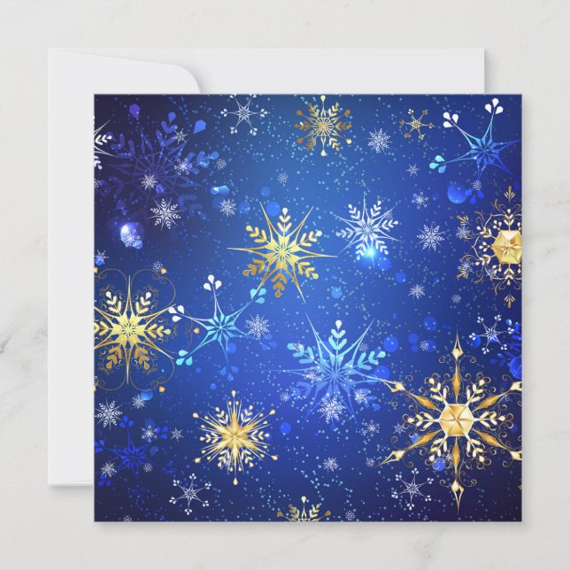 XMAS Blue Background with Golden Snowflakes Holiday Card (Front)