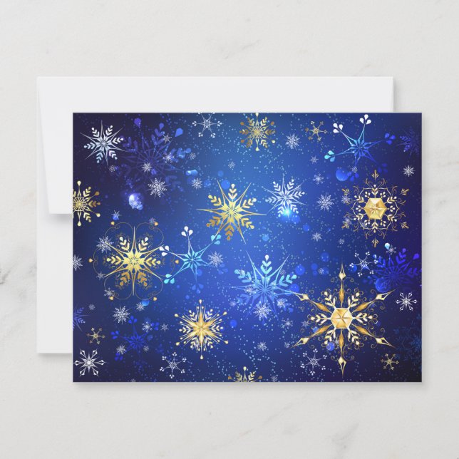 XMAS Blue Background with Golden Snowflakes Holiday Card (Front)