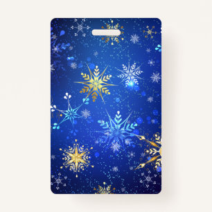 XMAS Blue Background with Golden Snowflakes ID Badge