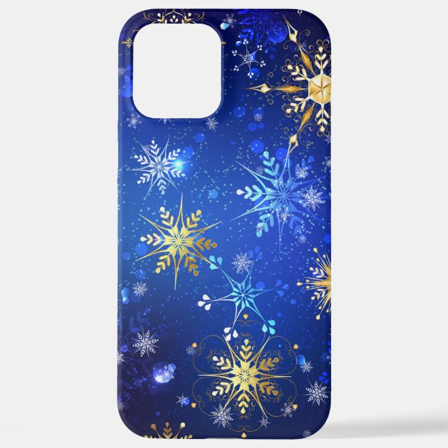 XMAS Blue Background with Golden Snowflakes iPhone Case (Back)