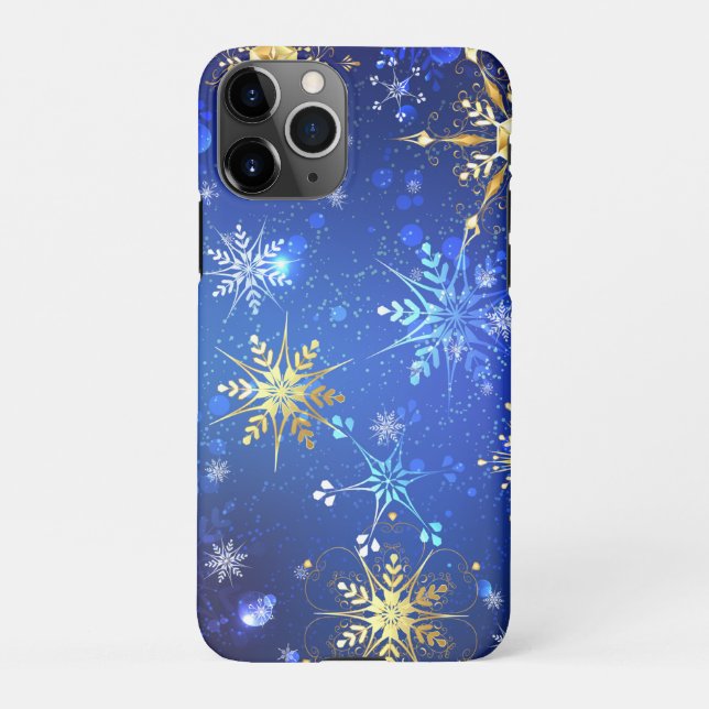 XMAS Blue Background with Golden Snowflakes iPhone Case (Back)