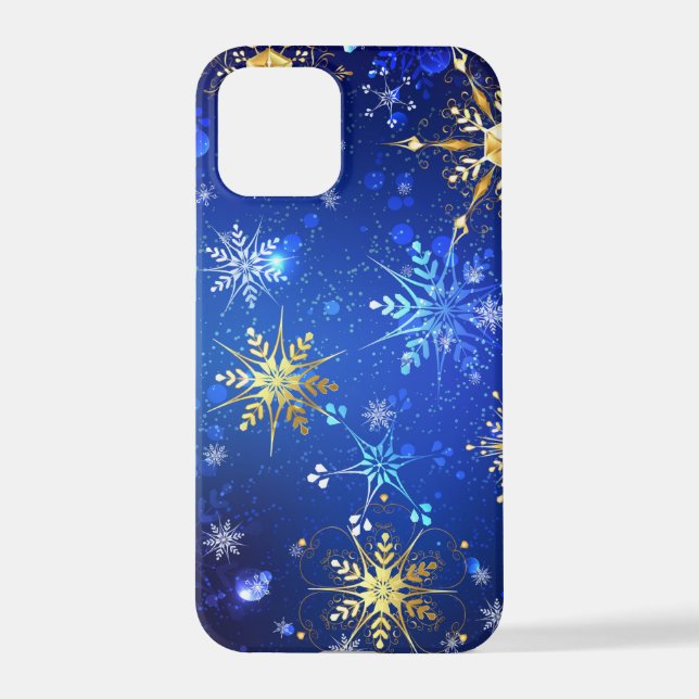 XMAS Blue Background with Golden Snowflakes iPhone Case (Back)