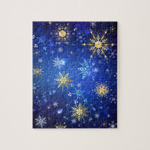 XMAS Blue Background with Golden Snowflakes Jigsaw Puzzle