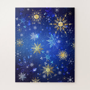 XMAS Blue Background with Golden Snowflakes Jigsaw Puzzle