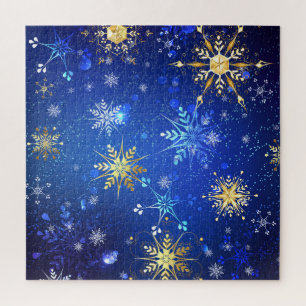 XMAS Blue Background with Golden Snowflakes Jigsaw Puzzle