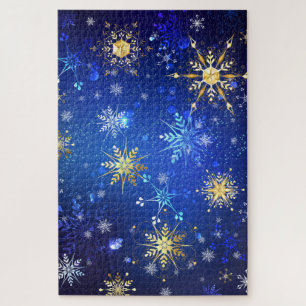 XMAS Blue Background with Golden Snowflakes Jigsaw Puzzle
