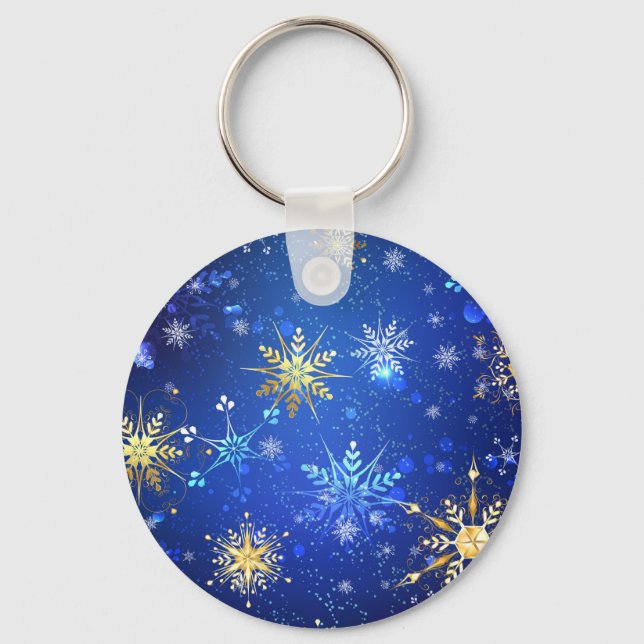 XMAS Blue Background with Golden Snowflakes Key Ring (Front)