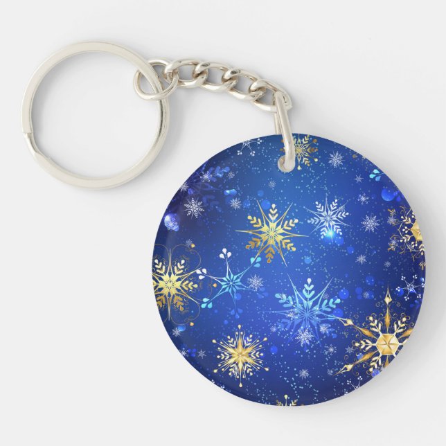 XMAS Blue Background with Golden Snowflakes Key Ring (Front)