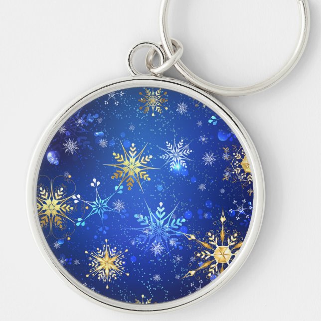 XMAS Blue Background with Golden Snowflakes Key Ring (Front)