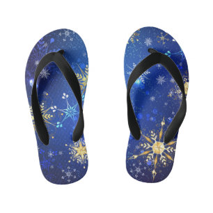 XMAS Blue Background with Golden Snowflakes Kid's Thongs