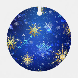 XMAS Blue Background with Golden Snowflakes Label Metal Tree Decoration