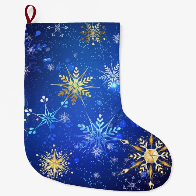 XMAS Blue Background with Golden Snowflakes Large Christmas Stocking (Front)