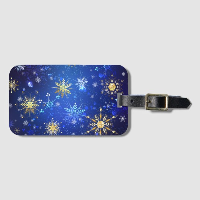 XMAS Blue Background with Golden Snowflakes Luggage Tag (Front Horizontal)