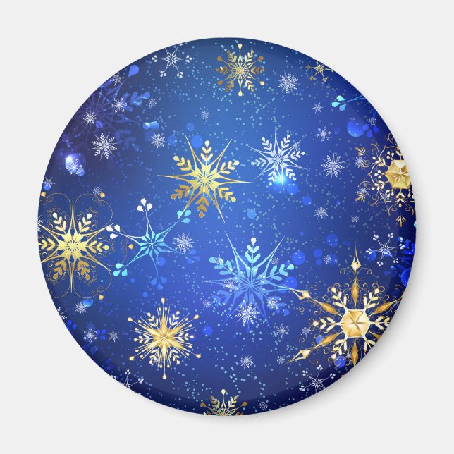 XMAS Blue Background with Golden Snowflakes Magnet (Front)