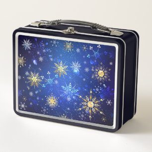 XMAS Blue Background with Golden Snowflakes Metal Lunch Box