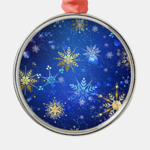 XMAS Blue Background with Golden Snowflakes Metal Ornament
