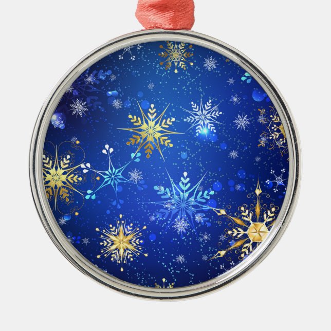 XMAS Blue Background with Golden Snowflakes Metal Ornament (Front)