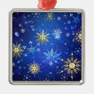 XMAS Blue Background with Golden Snowflakes Metal Ornament