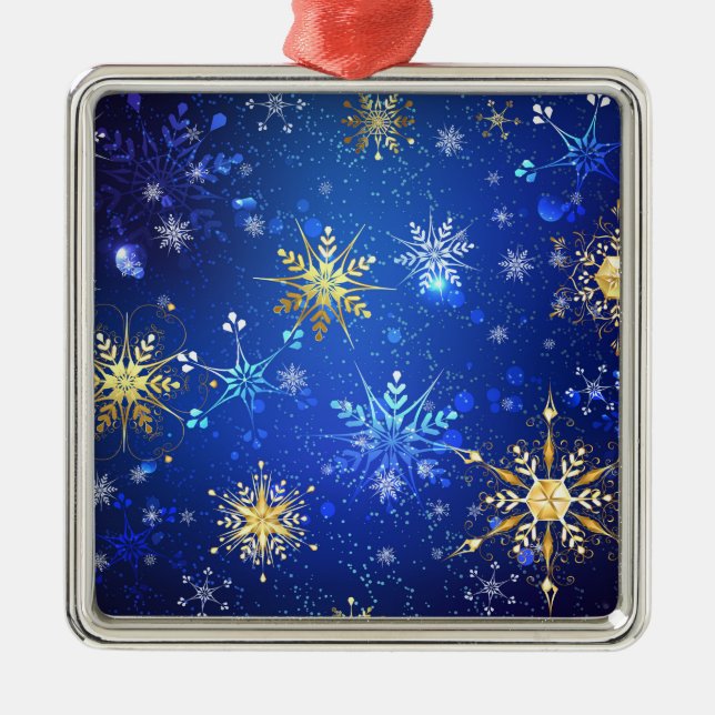 XMAS Blue Background with Golden Snowflakes Metal Ornament (Front)