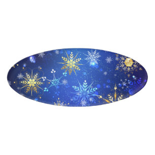 XMAS Blue Background with Golden Snowflakes Name Tag