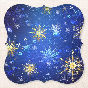 XMAS Blue Background with Golden Snowflakes Paper Coaster