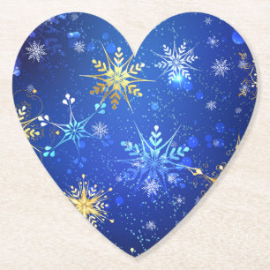 XMAS Blue Background with Golden Snowflakes Paper Coaster