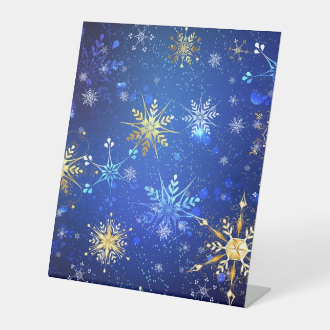 XMAS Blue Background with Golden Snowflakes Pedestal Sign (Front)