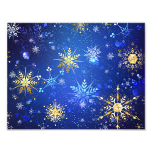 XMAS Blue Background with Golden Snowflakes Photo Print