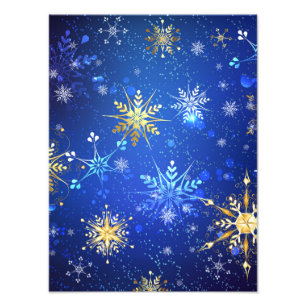XMAS Blue Background with Golden Snowflakes Photo Print