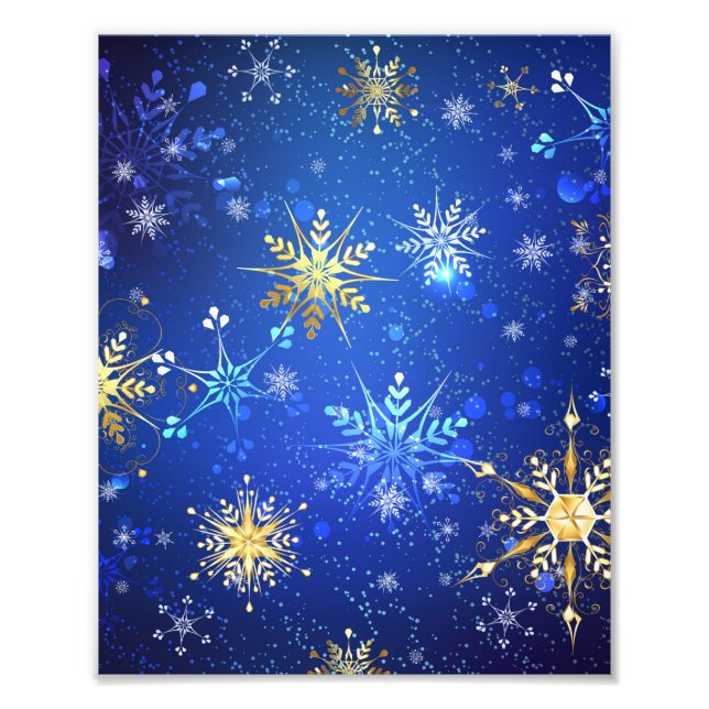 XMAS Blue Background with Golden Snowflakes Photo Print (Front)