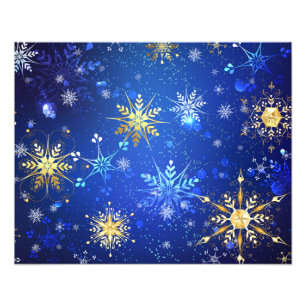 XMAS Blue Background with Golden Snowflakes Photo Print
