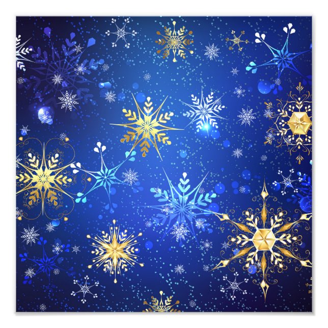 XMAS Blue Background with Golden Snowflakes Photo Print (Front)