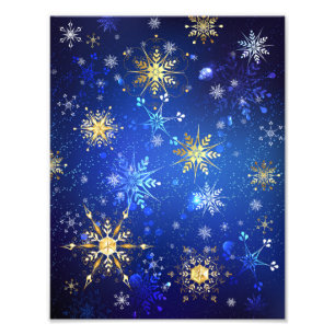 XMAS Blue Background with Golden Snowflakes Photo Print