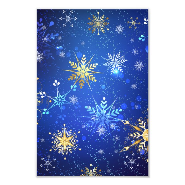 XMAS Blue Background with Golden Snowflakes Photo Print (Front)