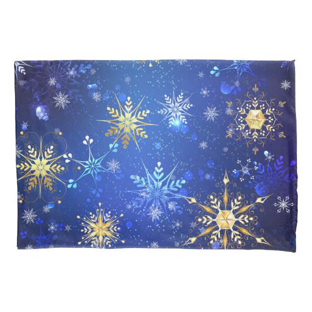 XMAS Blue Background with Golden Snowflakes Pillowcase (Front-Left)