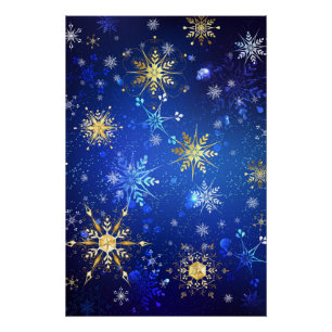 XMAS Blue Background with Golden Snowflakes Poster