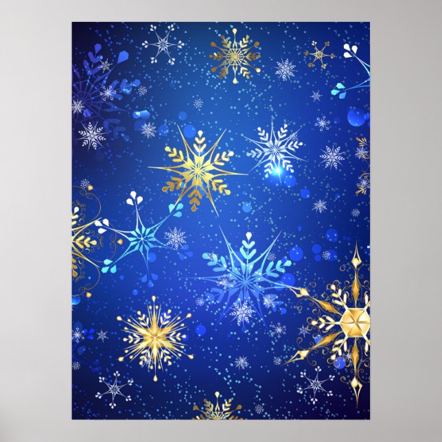 XMAS Blue Background with Golden Snowflakes Poster (Front)