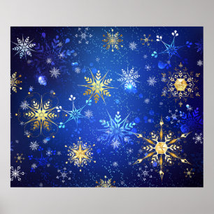 XMAS Blue Background with Golden Snowflakes Poster