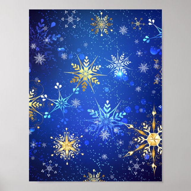 XMAS Blue Background with Golden Snowflakes Poster (Front)